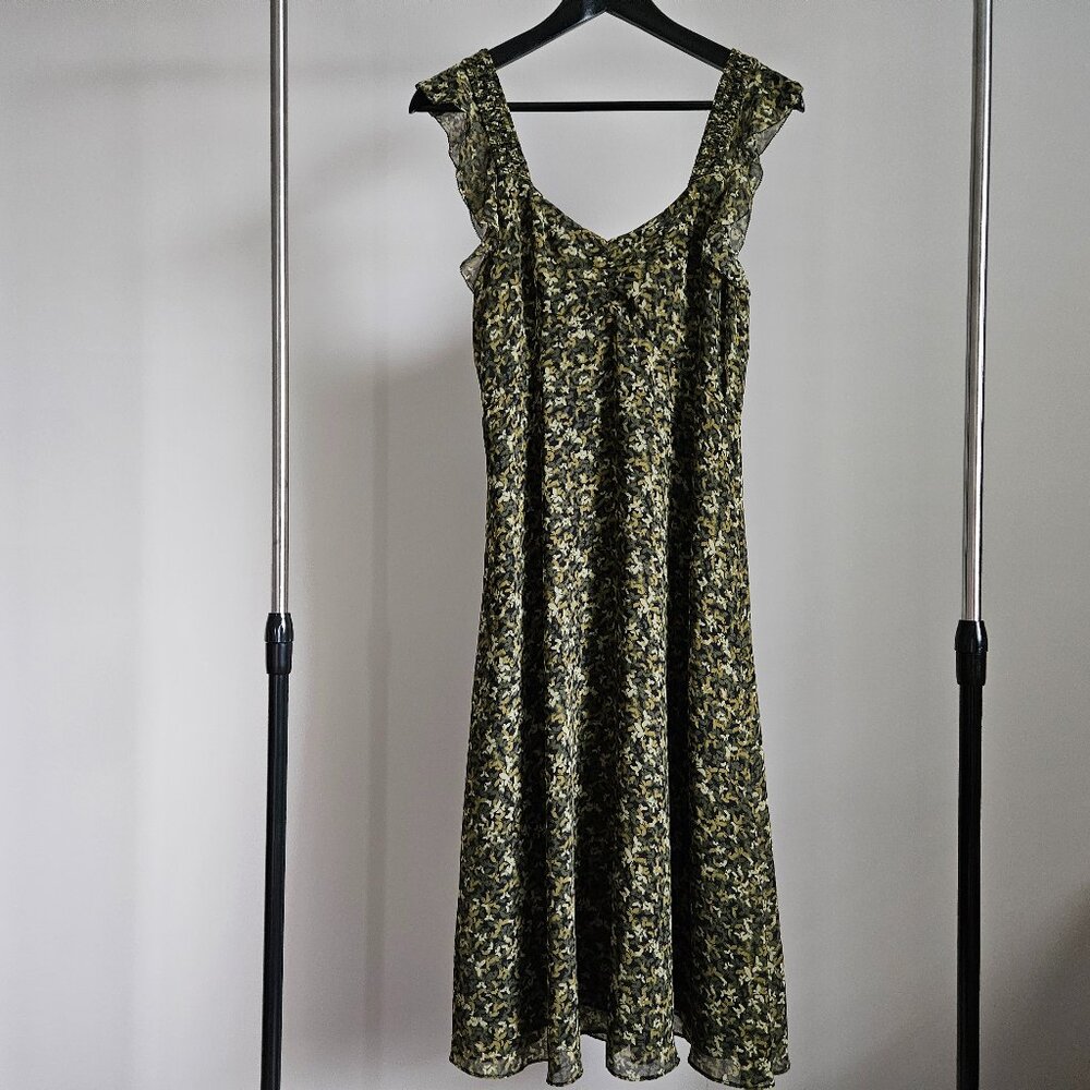 MICHAEL Michael Kors Floral Print Smocked Strap Midi Dress Olive Green - Size 2